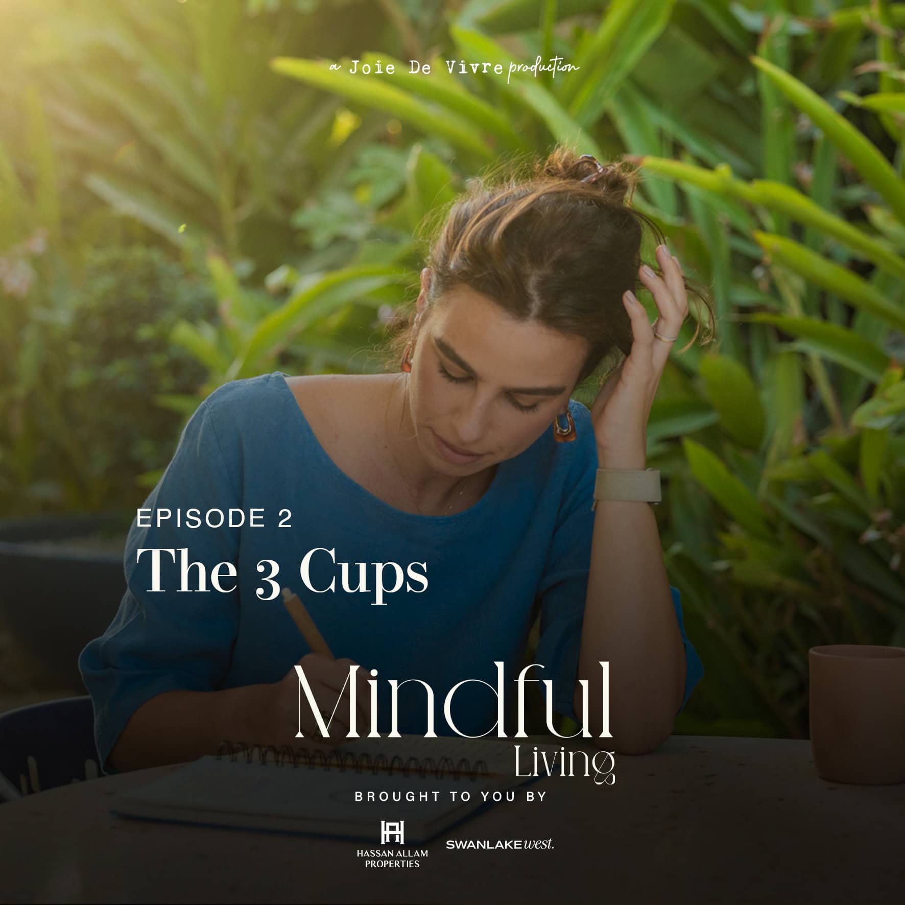 Calm woman practicing mindfulness outdoors with lush green foliage background, emphasizing mental wellness and mindful living for a peaceful lifestyle.